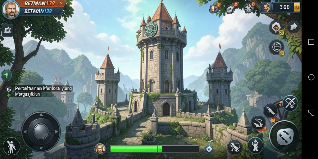 Tampilan gameplay BETMAN138 dengan menara bertahan melawan serangan musuh.