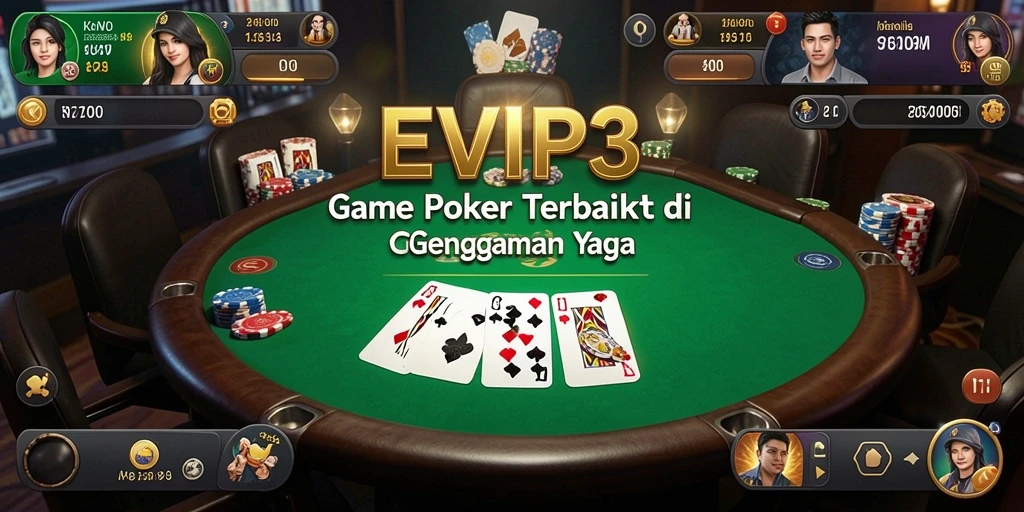 Tampilan gameplay seru EVIP3 dengan kartu dan meja poker.