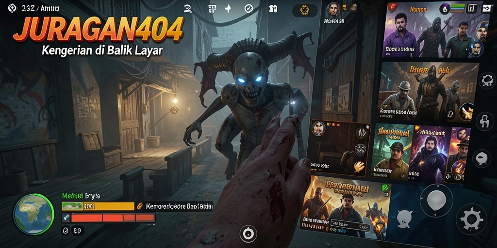Screenshot utama JURAGAN404 memperlihatkan suasana mencekam di dalam game.