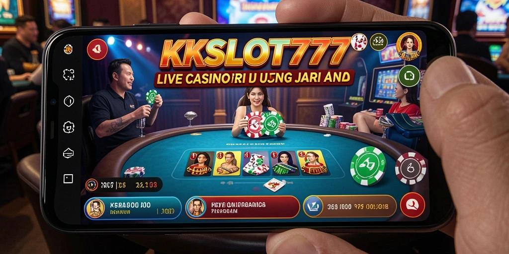 Screenshot KKSLOT777 menunjukkan dealer langsung dan permainan kasino yang mendebarkan.