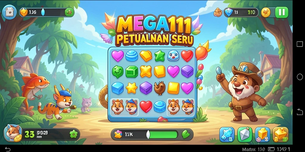 Tampilan gameplay MEGA111 dengan level Match-3 yang menarik.