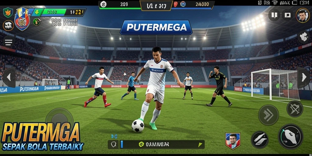 Gameplay PUTERMEGA yang intens dan grafis memukau dalam pertandingan sepak bola.