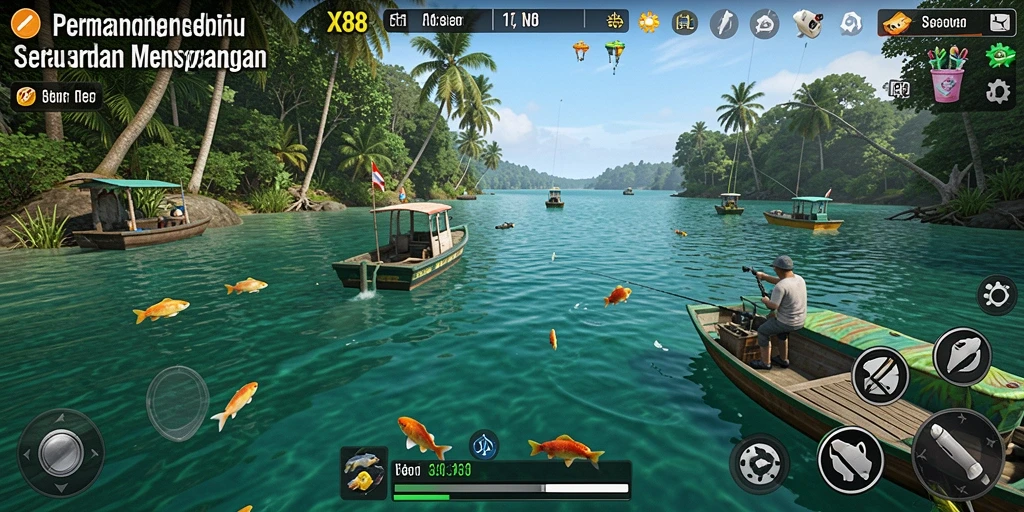 Screenshot gameplay X88 menampilkan aksi memancing yang mendebarkan.